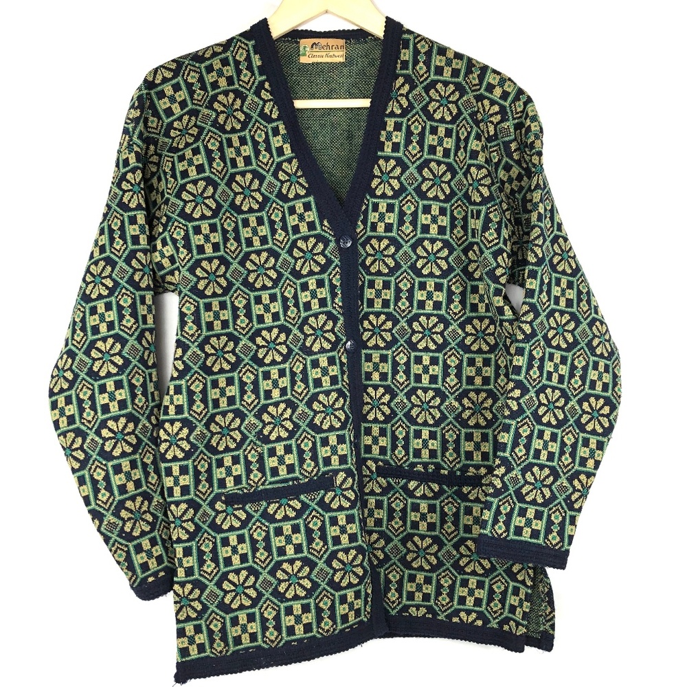 Mehran Green Blue Cream Floral Ireland Thick Knit Button Cardigan Large XL
